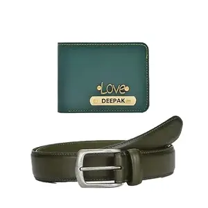 YOUR GIFT STUDIO Personalized Stylish Vegan Leather Wallet for Men's | Vegan Leather Belt for Men's & Boy's | Customized Wallet with Name and Charm (Green)