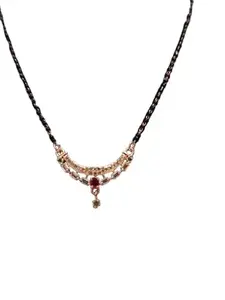 Traditional Gold-Plated Mangalsutra Necklace, 45 cm Double Chain with Ruby and Crystal Pendant, Black Beads (GOLDEN)