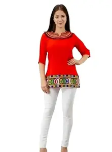 Rayon Fabric Printed Round Neck Short Kurtis for Women Top Dresses Kurti for Ladies & Girls Kurtis party Orange (38)