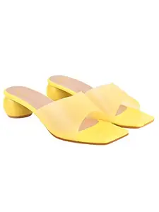 Shoetopia Clear Strap Solid Yellow Block Heels for Women & Girls /UK6