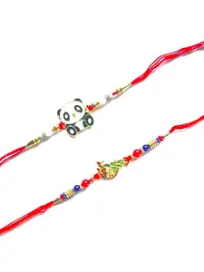Decorative Rakhi Set with Panda Design, Traditional Red Thread with Beads, Pack of 2