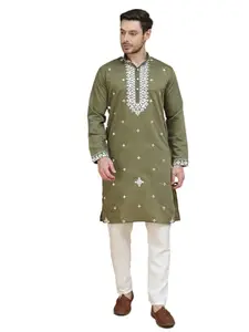 Jompers Men's Embroidered Kurta With Pyjama (Olive, L)