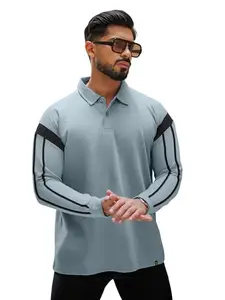 Maniac Men Colorblock Polo Neck Full Sleeve Light Grey and Black Cotton T-Shirt