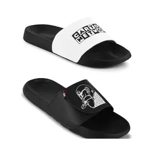 PERY-PAO Combo Sliders Pack of 2 Mens White, Black, Grey Flip Flop & Slippers