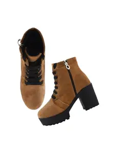 TRYME Comfortable Alluring Extra Cushion Inner Sole Ankle Boot with Block Heels for Womens and Girls Tan