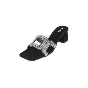 Metro Women Black Faux Leather Embellished Party Slides UK/7 EU/40 (35-1289)