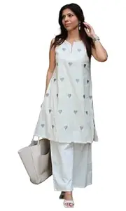 ANNI Designer Women Cotton Blend Straight Fit Embroidered Kurta Palazzo Set | Sleeveless Round Split Neck Outfit | Soft Breathable Fabric | Elegant Comfortable Styling for Office Casual Use