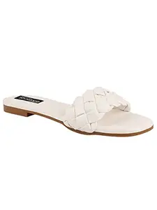 Shoetopia Women's White Braided Flat Slip-On Sandals – Comfortable Open-Toe Casual Slides for Summer, Beach EU38