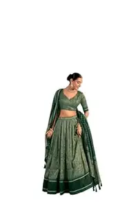 LooknBook Art Lehenga Choli Set, Natural Silk, Kalamkari Print with Lace Border, Sequins and Thread Embroidery Work, Free Size