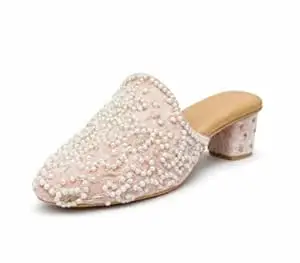 EZZIAUTO Women's Embroidered Mule Heels, Handmade Beaded Slip-On Sandals with Block Heel, Cushioned Insole, Non-Slip Sole for Wedding, Party