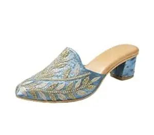 EZZIAUTO Women's Embroidered Mule Heels, Handmade Beaded Slip-On Sandals with Block Heel, Cushioned Insole, Non-Slip Sole for Wedding, Party