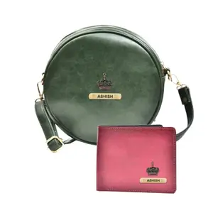 YOUR GIFT STUDIO : Classy Leather Customized Chained Sling Bag Round + Men's Wallet - Green Maroon