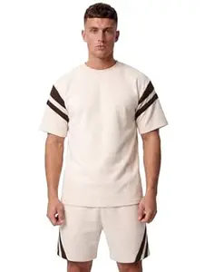 CHKOKKO Men’s Co-Ord Set Premium Cotton Blend Oversized T-Shirt & Shorts Cord Set with Side Pockets Round Neck Half Sleeves Solid with Contrasting Stripes Summer or Casual Wear