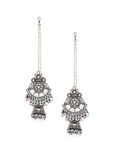 Priyaasi Rhodium-Plated Grey and Silver Kundan Jhumka Earring with chain