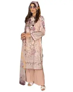 Women's Peach Designer Pakistani Printed Cotton Unstitched Salwar Suit