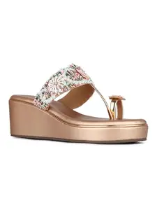 Inc.5 Womens Rose Gold Ethnic Embellished Round Toe Wedge Heel Sandals