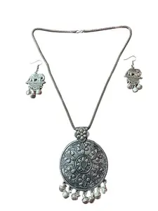 Silver Oxidised Big Size Long Chain Pendant Necklace and Earrings for Women and Girls, Round Traditional Pendant