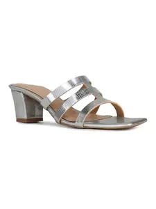 Inc.5 Womens Silver Party Wear Striped Square Toe Block Heel Sandals