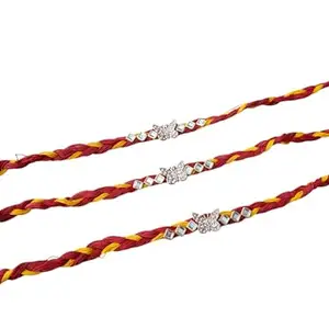 Decorative Rakhi Bracelets with Crystal Butterfly and Beads, Red and Yellow Braided Thread, Set of 3