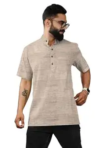Men Short Kurta Half Sleeve Mandarin Collar | Pure Khadi Cotton Blend Linen Textured Fabric | Casual Ethnic Wear | Festive Kurta for Men
