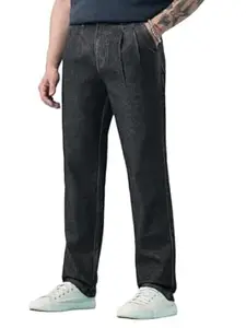 The Souled Store Pleated Denim: Charcoal Men and Boys Zip Fly Washed Cotton Spandex Lightweight Stretchable Everyday Pleated Front Straight Fit Denim Jeans