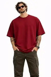 AngelUrza Oversized T-Shirt for Men | Heavyweight 100% Pure Cotton Bio-Washed Combed | Boxy Drop Shoulder Plain Solid Round Neck Half Sleeve Baggy Fit Casual Streetwear Summer Basic Tee