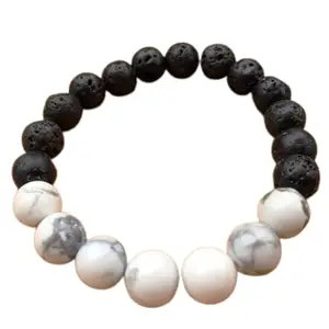 RRJEWELZ Unisex Bracelet 8mm Natural Gemstone Howlite & Lava Rock Round shape Smooth cut beads 7 inch stretchable bracelet for men & women. | STBR_04241