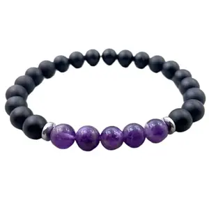 LKBEADS Amethyst & Matte Black Onyx Bracelet | Beaded Gemstone Jewelry for Men And Women, Healing Stones, Adjustable Wristband|8mm Round|Smooth|Black & Purple|SRC_LI_000770