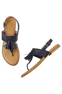 W Women's Almond Toe Woven Design Flat Navy Sandal (20FEW93074-43127)