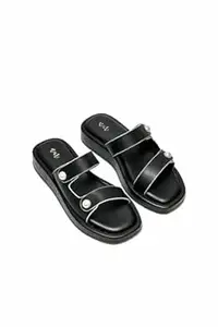 nur Women’s Black Pearl Sleek Sliders with Cushioned Footbed and Elegant Pearl Accents | Stylish Casual Wear Sandals