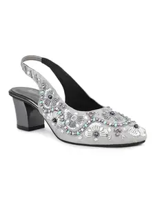 Inc.5 Women Pewter Embroidered Ethnic Block Heel Mules