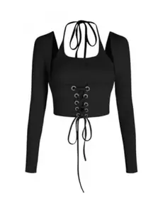 Uptownie Lite Women's Regular Fit Round Neck Top With Tie Up Black L