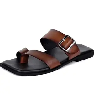 LOUIS STITCH Brunette Brown Comfortable Leather Sandals | Lightweight Casual Sliders Flip Flops Slippers | Sandals with Adjustable Buckle Strap | LSOF-01-BB | UK-9