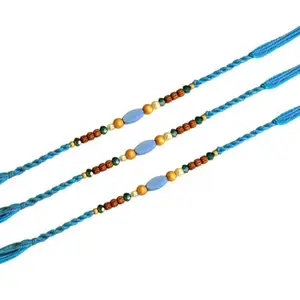 CraftEarth - Crafting Your Curiosity Tranquil Blue Rakhi – RK-131 | Sky Thread with Oval Bead & Wooden Accents (Set Of Three)