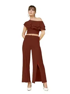 OOMPH! Stretchable One-Shoulder Crop Top with Ruffles, Brown, mt972