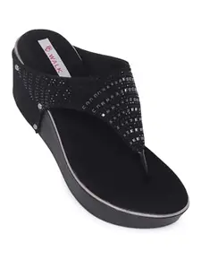 V-WALK Women's Embellished Smart-Casuals Slip-On Wedge Heel Sandals | Casual Wedges for Women | College, Office, Shopping, Outdoor & Casual Wedge Sandals for Women | Heel Height: 2.5 Inches | Black