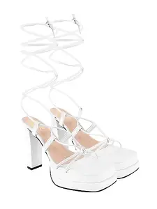 Shoetopia Strappy White Block Heeled Sandals For Women & Girls /UK4