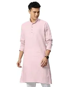 Majestic Man Men's Cotton Regular Fit Traditional Mandarin Collar Ethnic Motifs Solid Long Kurta
