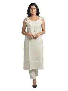 Leriya Fashion Kurta Set for Women | Ethnic Sleeveless Kurti Sets for Woman | Round Neck Embroidery Kurta Sets for Woman Daily Outfits | Cotton Ethnic Traditional Straight Kurti Set for Office