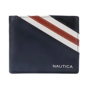 Nautica Bi Fold Slim & Light Weight Genuine Leather Men's Stylish Casual Wallet Purse with 3 Card Holder Compartment & Coin Pocket | Multi Compartment with Overflap, Navy