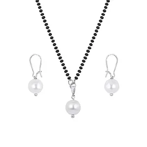 JFL - Jewellery for Less Stylish Silver Plated Pearl pendant with Pearl Earring and Black Beaded Chain Mangalsutra for Women.,Valentine