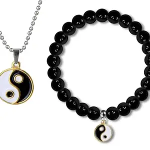 De-Autocare Golden & Black Combo Of Taoism Yin Yang Tai Chi Day Night Fengshui Symbol Locket Pendant Necklace Ball Chain And 8mm Moti Beads Stone Elastic With Hanging Charm Wrist Band Cuff Bracelet