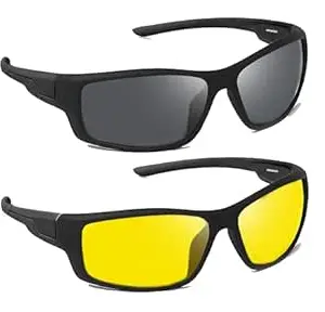 Anemxer Combo of Night Driving HD Vision Glasses with Diamond Cut Design and Black Daytime UV400nm Sunglass for Men Women Anti Glare For Night Bike Riding Car driving