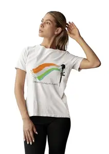 Eshaaver® Independence Day 15 August Printed Polyester T-Shirt for Women-XXL White