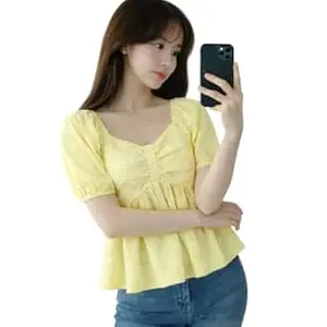 AREAL FASHION Women's Striped Puff Sleeve Peplum Top, V-Neck, Gathered Waist, Casual Summer Blouse