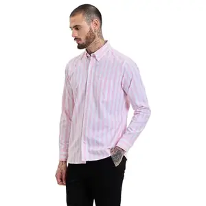 SNITCH Button Down Slim Fit Light Pink Stripes Shirts