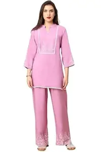 GANIX - FASHION THAT DEFINE YOU Women’s Embroidered Rayon Co-Ord Set | Ethnic Kurta & Palazzo Pant Set | 3/4 Sleeve Mandarin Collar Kurti Set | Daily Casual, Festive & Office Wear | Comfortable Breathable Fabric with Pocket