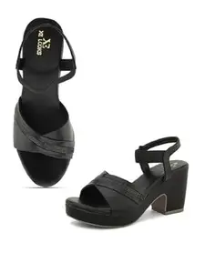 XE Looks Black Fashion Sandals | Faux Leather Comfortable,Trendy and Stylish Block Heel With Ankle Straps | For Wedding Occasion| For Women & Girls