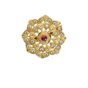 Gold Plated Floral Designer Ruby Ring with American Diamonds | Adjustable Statement Cocktail Ring for Women & Girls (FORMING FREE RING-120-D-85)