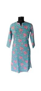 Trendy Green Floral Rayon Straight Kurti for Women – Lightweight Ethnic Top for Everyday Comfort (in, Alpha, 2XL, 1, Blue)